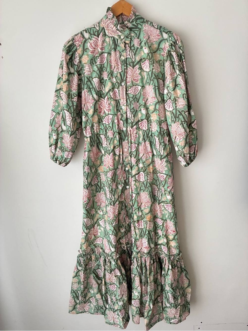 Mod’s Mahal Maxi Dress XS Green Floral Block Print Cotton Button Front Boho